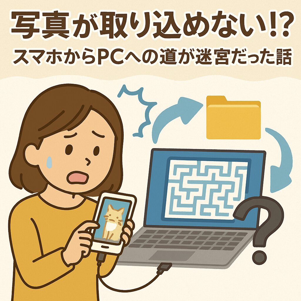 スマホの猫写真をパソコンに取り込もうとして困っている女性と、フォルダ迷宮に迷い込むイメージのイラスト
