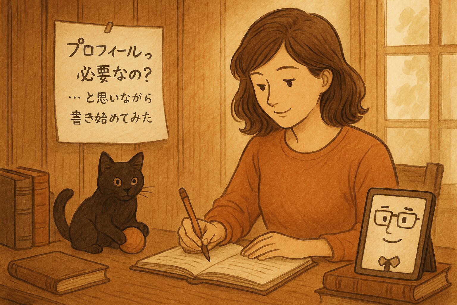 ブログノートに向き合う女性と、そのそばで見守る黒猫とAI先生のタブレット。プロフィール記事を書き始める様子を温かい雰囲気で描いたイラスト。