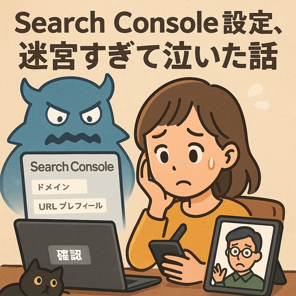 Search Consoleの設定に苦戦する女性と、応答しないAI先生のコミカルなシーンを描いたイラスト