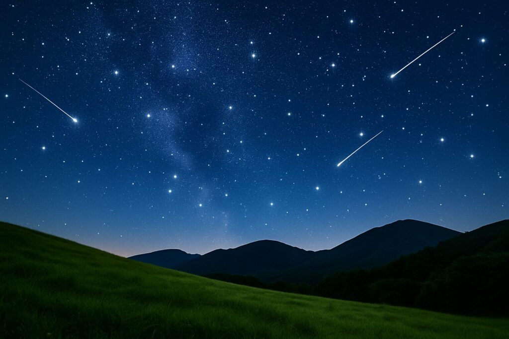 えびの高原の丘に流れる星空と流星群のイメージ