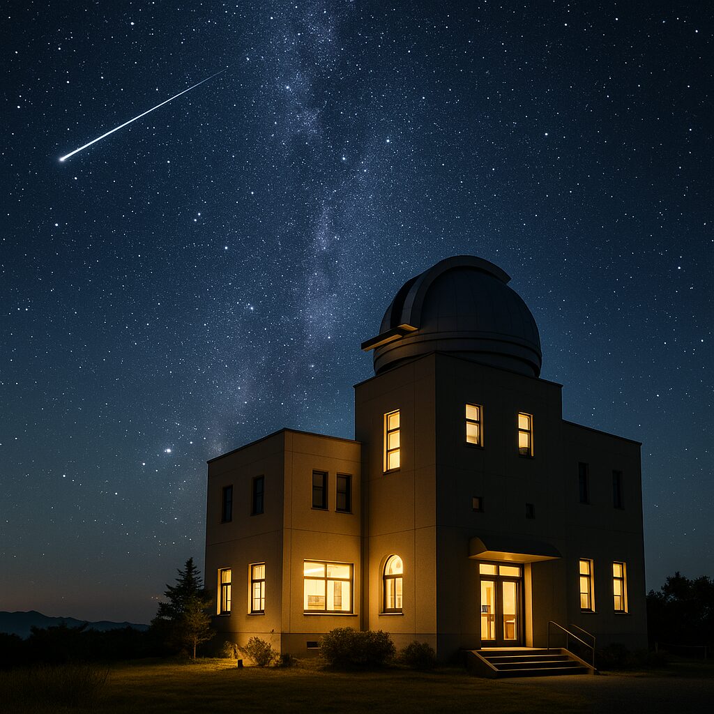 星の文化館と流れ星が輝く夜空のイメージ写真