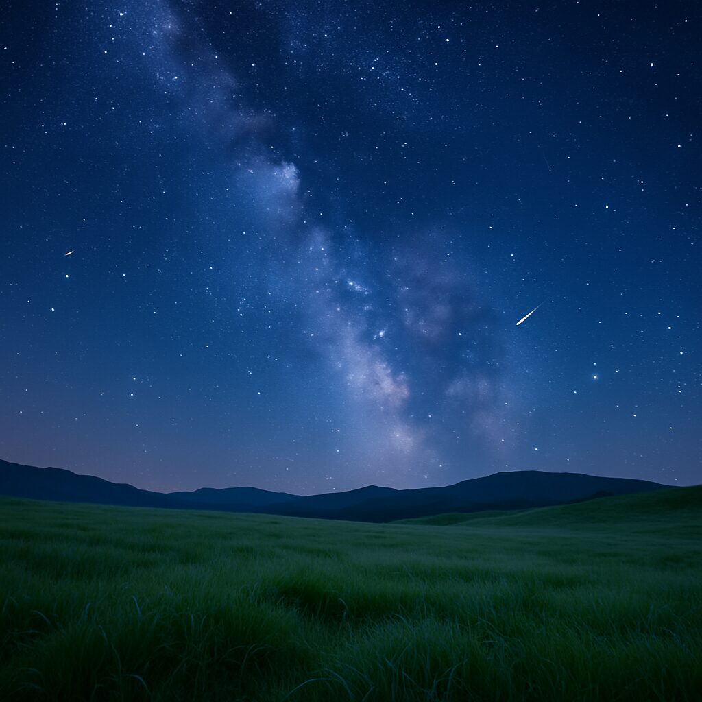 久住高原の草原に広がる天の川と流れ星のイメージ写真