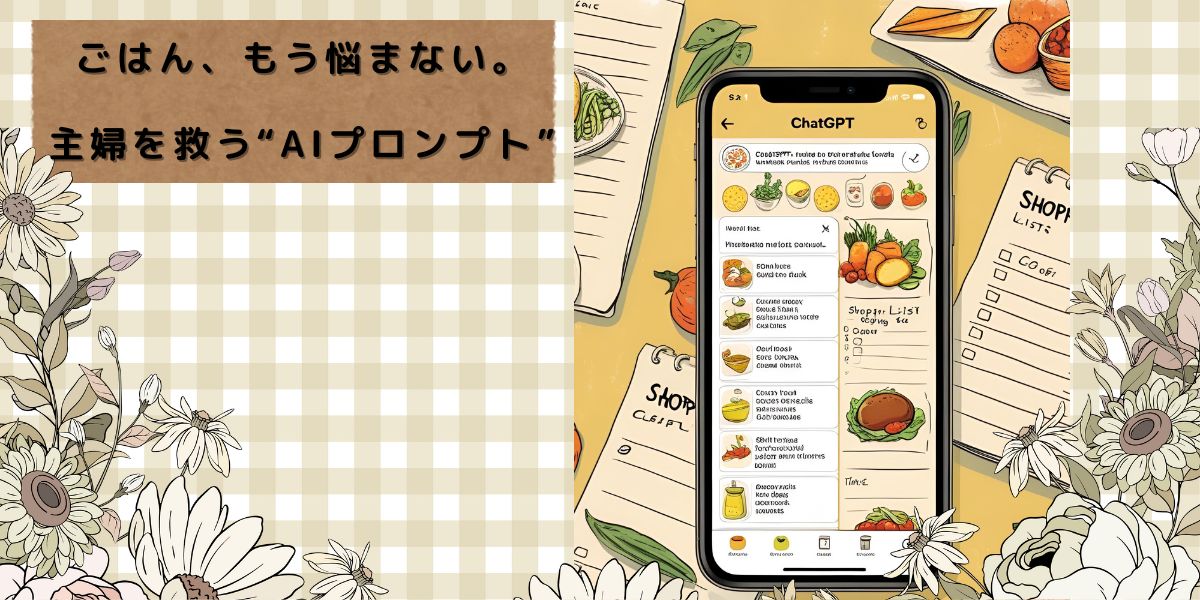 ごはんに悩む主婦がAIプロンプトを使って献立と買い物リストを作成している様子を表現したイラスト